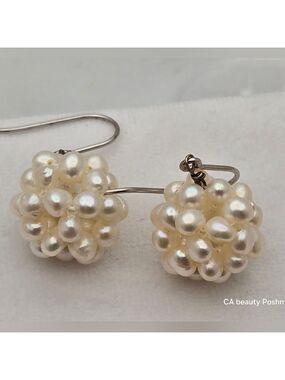 Sterling Silver Baroque Freshwater Pearl Ball Cluster Dangle Earrings